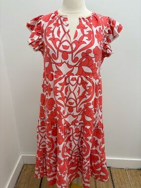 THML Red & White Tiered Flutter Sleeve Midi Dress